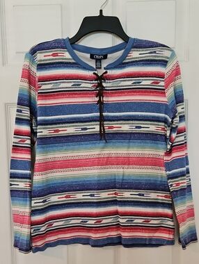Chaps Multicolor Striped Lace-Up Knit Top - Blue, Red, Green